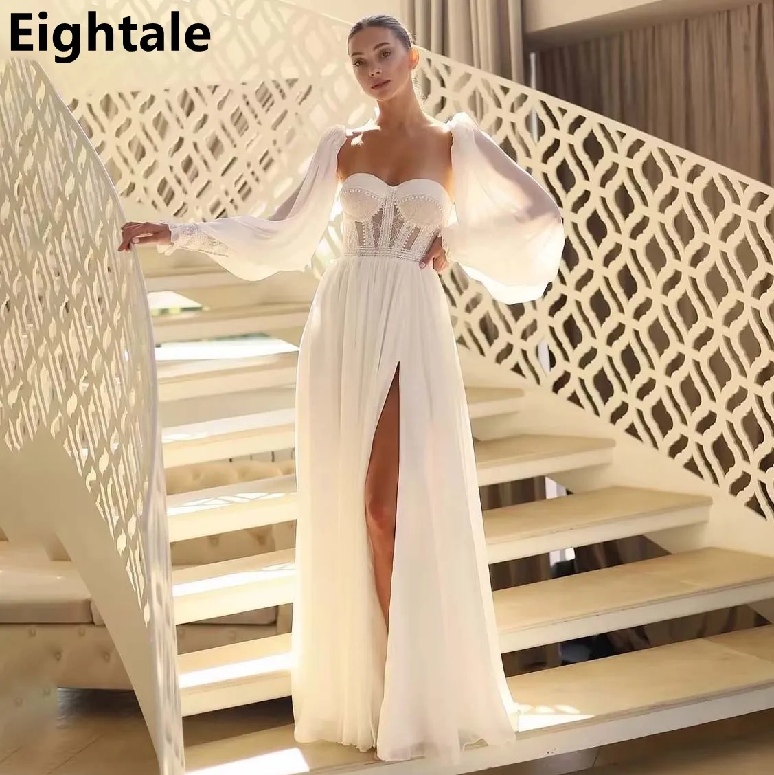 

Sevintage 2025 Chiffon Elegant A Line Sexy Slit Removable Puff Sleeves Wedding Dress Bridal Gowns Customized Vestidos De Novia