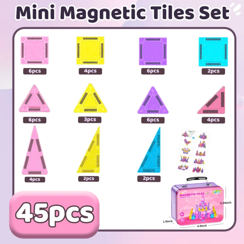 Mini carreaux magnétiques 45 pièces, ensemble de carreaux magnétiques de voyage portables avec étui en fer, jouet créatif STEM Montessori pour cadeaux d'anniversaire pour filles