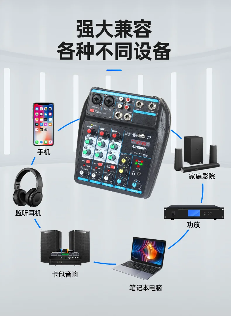 

4-канальный мини-микшер с Bluetooth, реверберацией, для сцены, компьютера, живых выступлений, USB