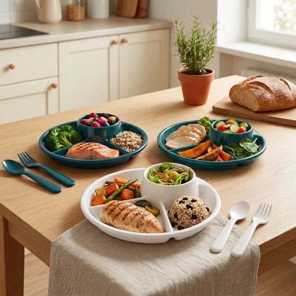 Portionskontrollteller, geteilte Teller für Erwachsene und Kinder, wiederverwendbarer Kunststoff-Essteller mit Gabel und Löffel, Küchenbesteck, Serviergeschirr