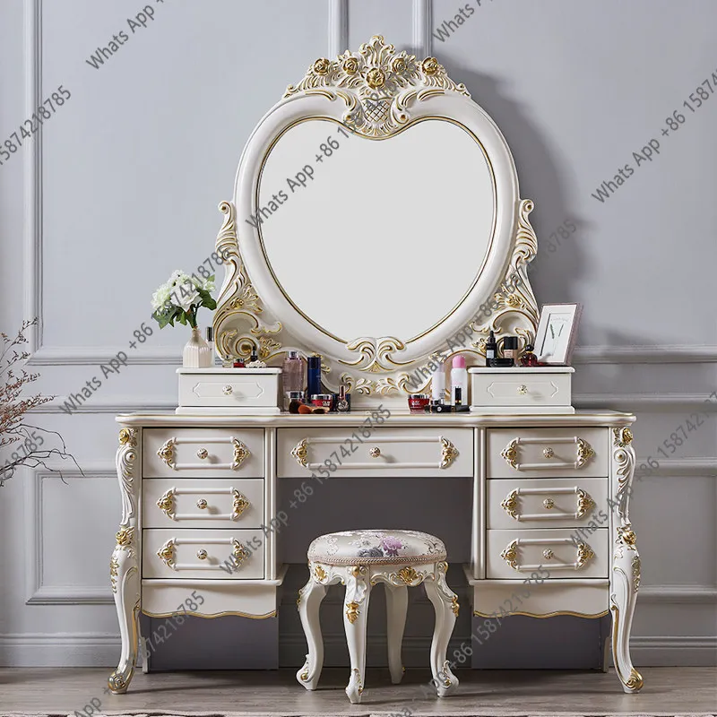 

European Solid Wood Dressing Table Bedroom White Princess Luxury Assembled Makeup Table Large Apartment Furniture French