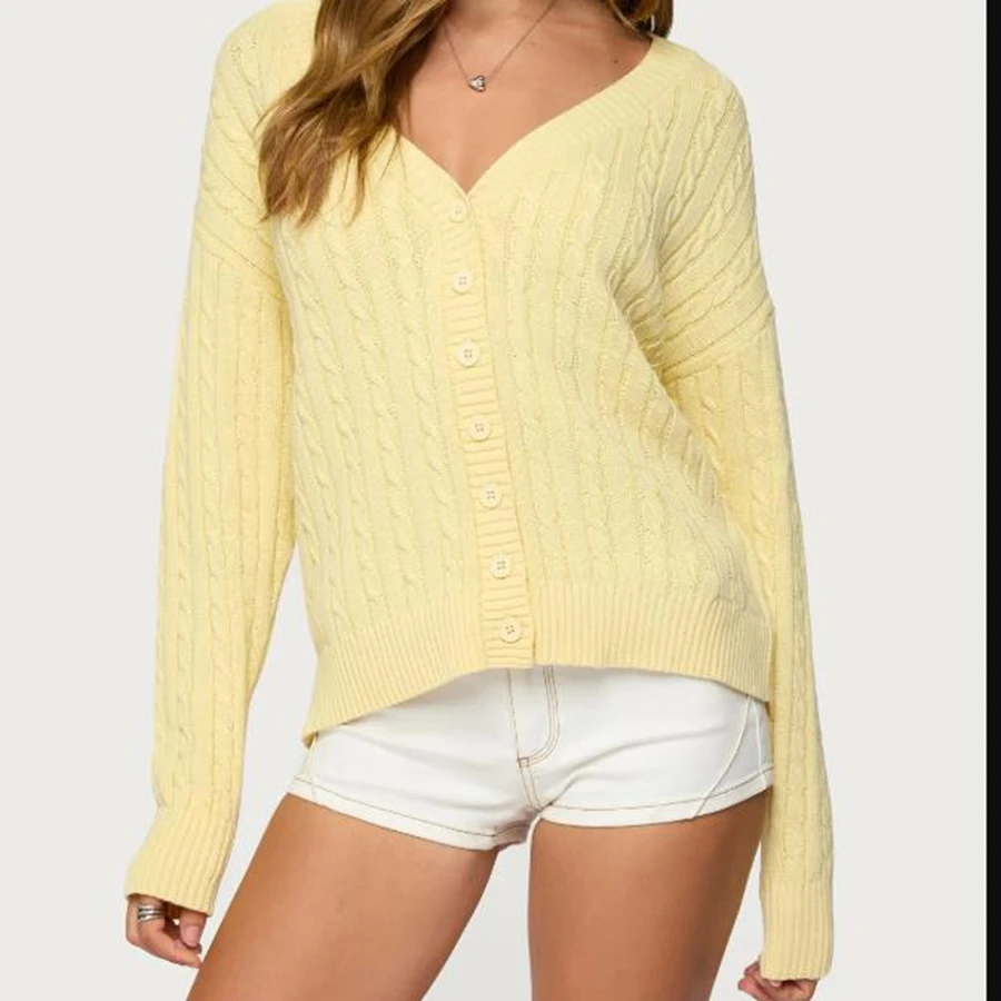 

Классический женский вязаный кардиган, свитер на пуговицах, вязаный кардиган с v-образным вырезом и длинными рукавами, повседневные многослойные кардиганы