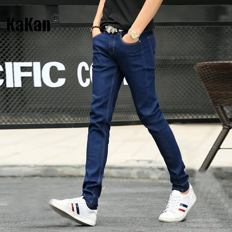 

Kakan Men's New Elastic Feet Jeans, Korean Straight Fit Seasonal Mid Waist Long Jeans K026-8913