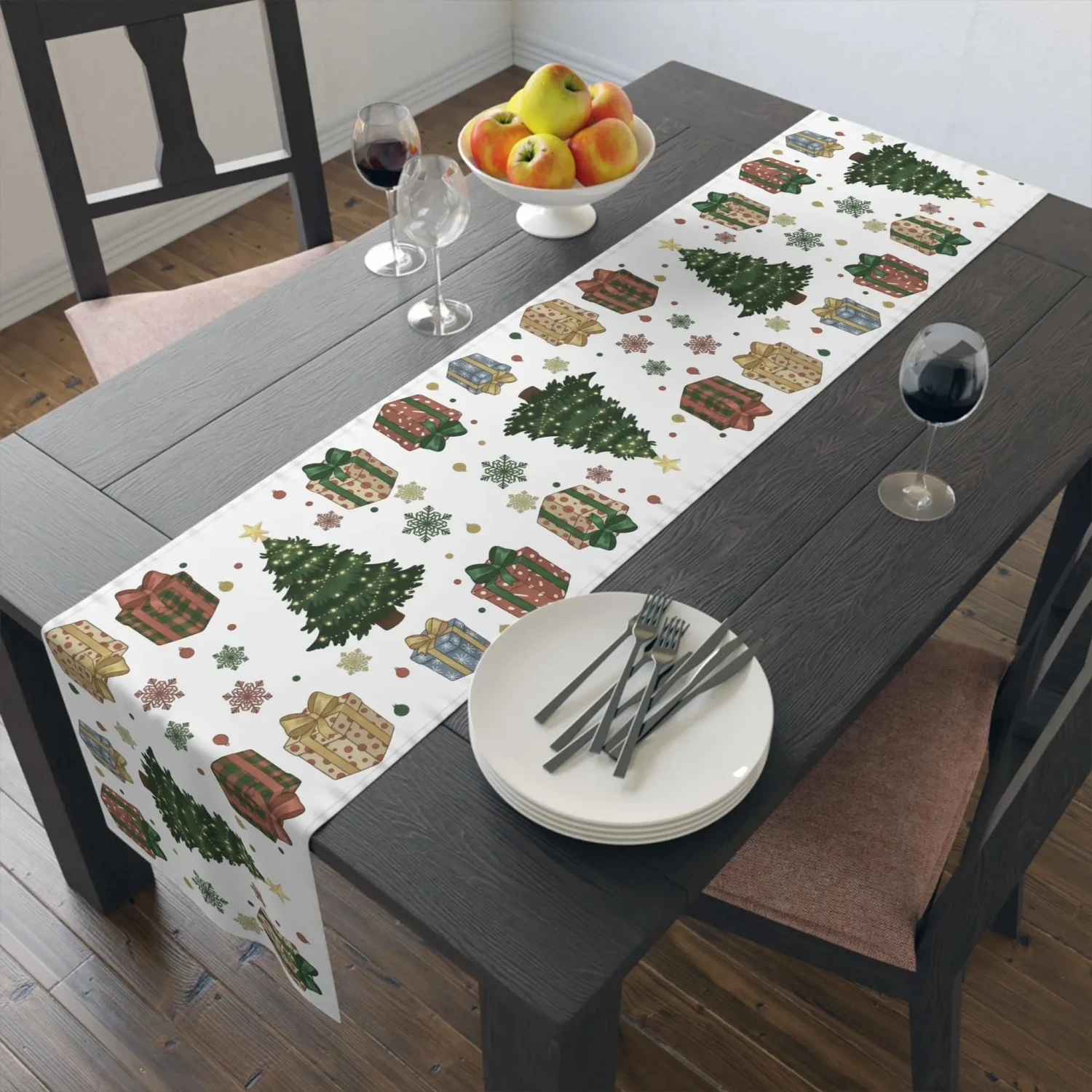 Christmas Table Runner, Rustic Winter Celebration, Gift Table Cover, Houses Under Snow Design Tabletop, Xmas Home Decoration