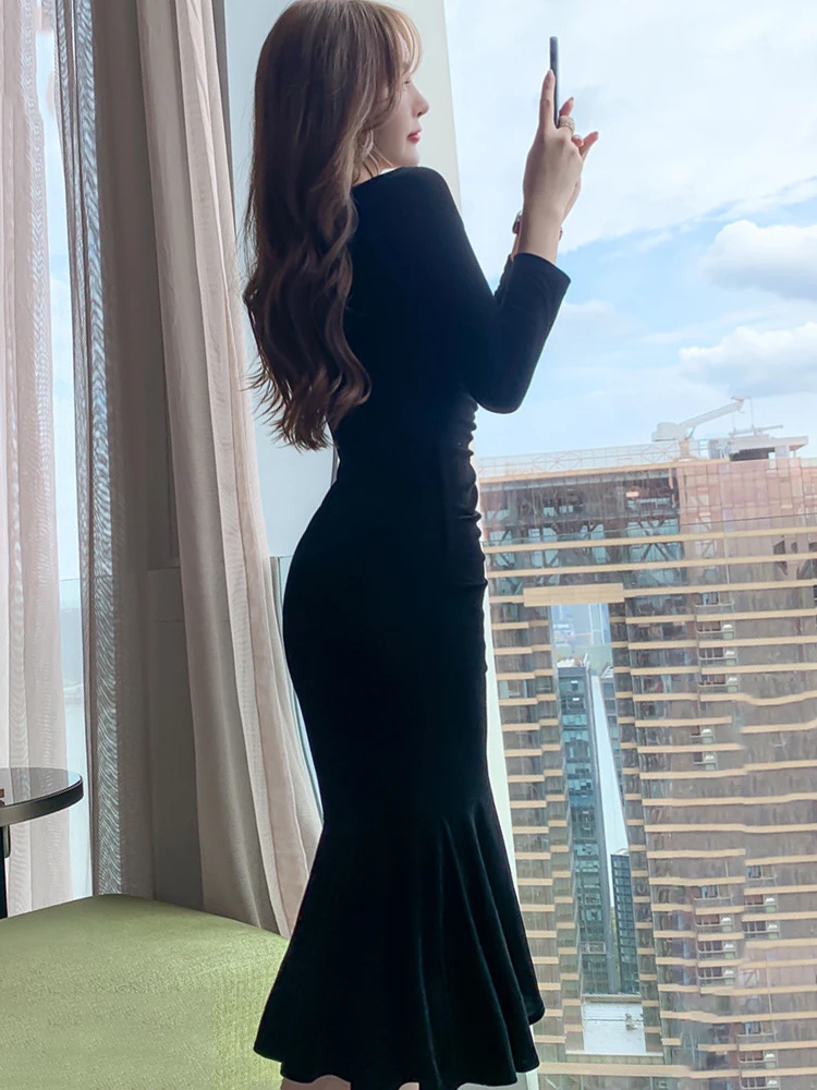 Elegant Midi Dresses Women 2023 Folds Single Breasted Skinny Black Dress Velvet Ruffles Trumpet Robe Feminino Slim Party Vestido