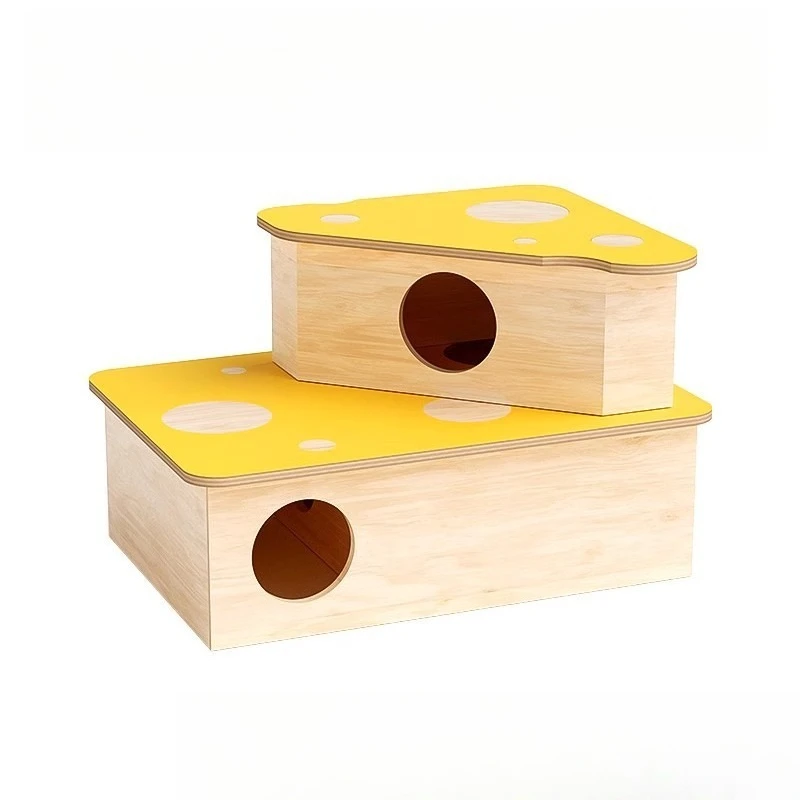 

Cheese Shape Hamster Hideout Wooden Hut Multi-Room Cage Decor Summer Shelter Bottomless Easy To Clean Fun Design Small Animals