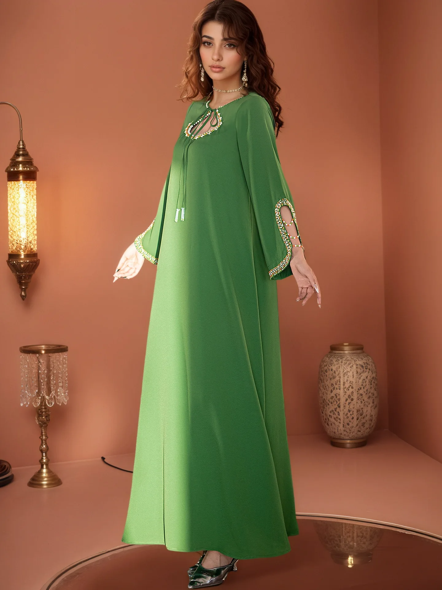 Vestido elegante musulmán con cuentas para mujer Abaya Dubai Kaftan Eid Djellaba Islam Jalabiya caftán marroquí bata para mujer Vestido Abbayas Abayo