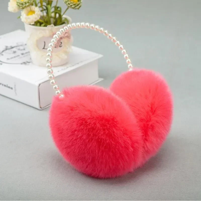 Novelty Earmuff bulu wanita, aksesori rambut telinga penutup telinga hangat bulu kelinci imitasi mewah musim dingin mutiara