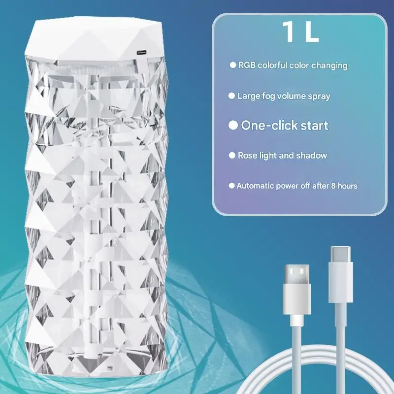 Portable Mini Crystal Humidifier with Two-Speed Mist, RGB Mood Lighting, and Compact Design for Home, Office, or Travel