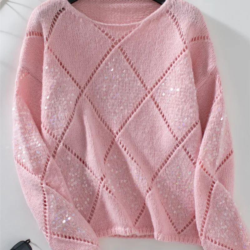 Pull tricoté à paillettes creuses pour femme, pull ample avec grille de diamant, à la mode, nouvelle collection automne hiver