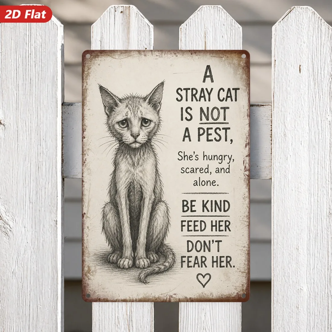Stray Cat Kindness Metal Sign Wall Art, Rescue Message Quote, Fine Sketch Lines & Sad Gentle Eyes Cat Print,Decor for Bedroom.