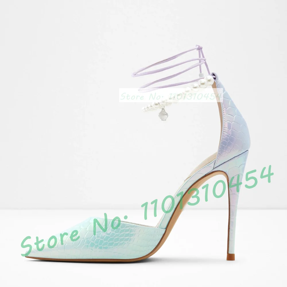 Pearl Chain Iridescent Sandals Women Charming Fish Print Blue High Heels Shoes Ladies Pointy Lace-up Crystal Decor Dress Sandals