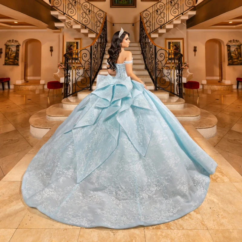 Sky Blue Off The Shoulder Quinceanera Dresses Applique Lace Tull Beads Princess Ball Gown XV Dresses vestidos de 15