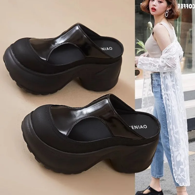 

7.5cm High Heels Outdoor Wear Thick Sole Slippers Retro Women Sandala 2025 Wedges Platferm Summer Hollow Out Slip-On Flats Shoes