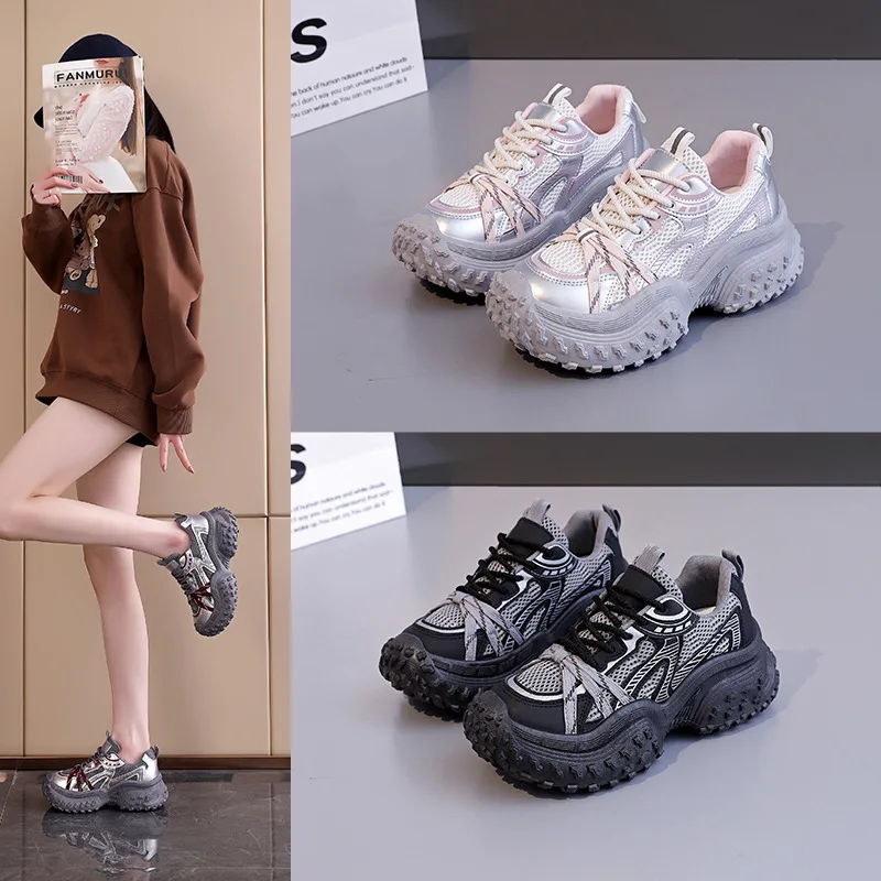 

Women Vulcanized Shoes with Thick Sole and Height Increasing Dad Sports and Leisure Shoes Retro and Short Popular