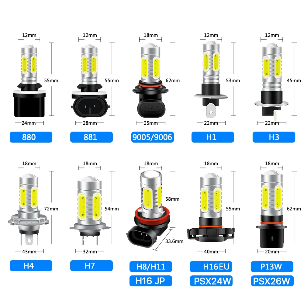 2pcs 9006 HB4 HB3 H8 H11 Led H16 881 H27 LED Fog lights Bulb COB 1500LM 6000k White 3000k Golden Yellow Car Daytime Running Lamp