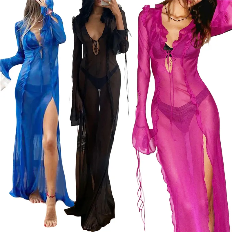 

Women Sexy Sheer Mesh Long Dress See Through V Neck Long Sleeve Ruffle Beach Dress Side Split Bikini Cover Up Slit for Beachwear