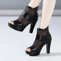 Small Size 32-43 Peep Toe Cutout Lace Soft Leather Shoes Women Summer 2024 Block High Heels Gladiator Sandals Sexy Booties