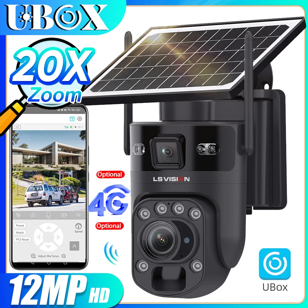 

Ubox 12MP 4G Solar Camera Dual Screens Dual Lens 20X Optical Zoom WiFi Surveillance Cameras PTZ PIR Detection Auto Tracking Ubox