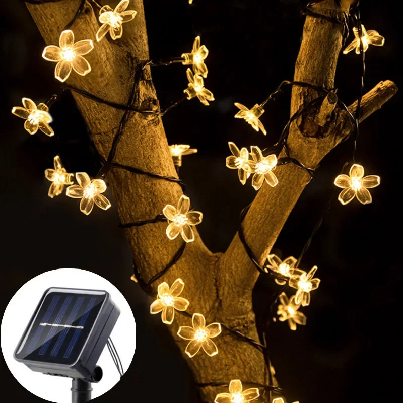 8 Modes Cherry Blossoms LED String Lights Solar Outdoor Sakura Light Decor Wedding Garden Tree Fence Christmas Party Holiday