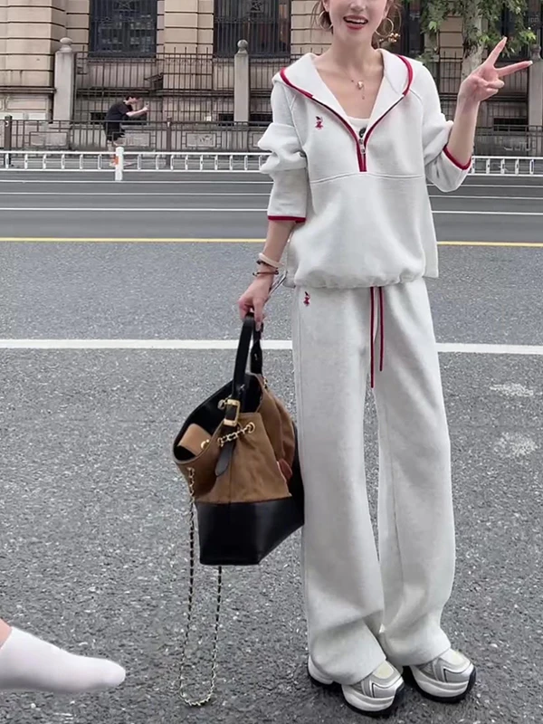 

Loose Slimming Casual Sportswear Set Women's Spring Fashion Anti-Aging Trendy Sweatshirt Wide Leg Pants Two Piece Set