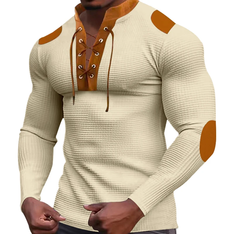 Cross-border New Men\'s Waffle Color Matching Strap V-neck Top Casual Long-sleeved Bottoming T-shirt Casual Sports Hoodie