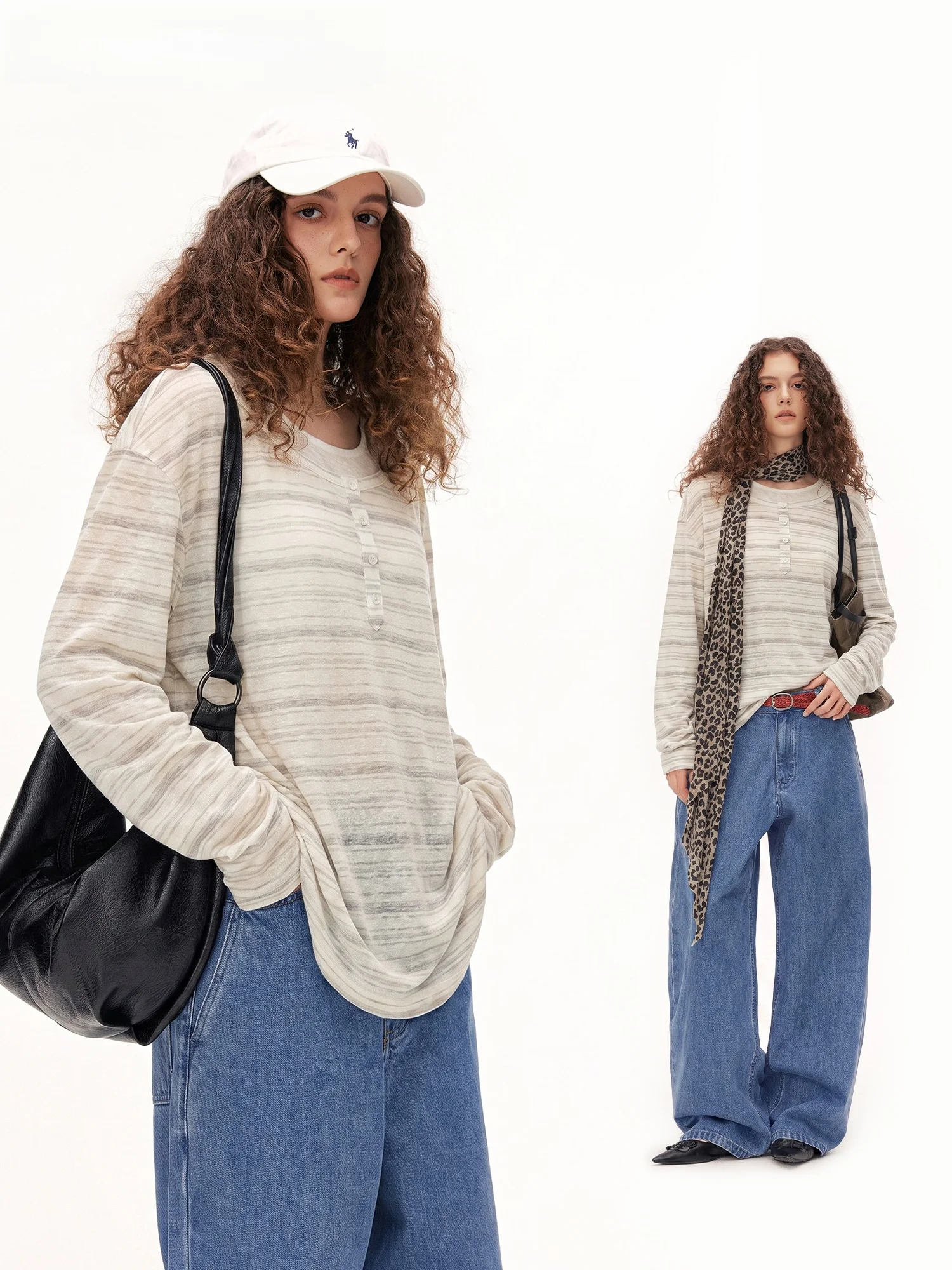 Burgenland Women's Long Sleeve T-Shirt Ruched Loose Fit Summer Casual Stripe Pattern UV Protection Breathable Comfortable
