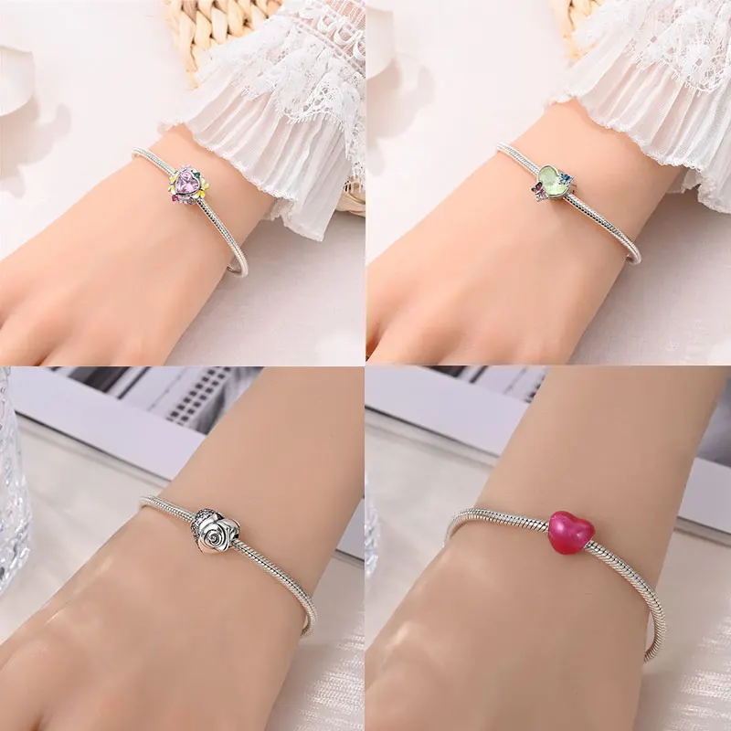 925 Sterling Silver Sparkling Pink Heart Charm Pendant Beads Fit Original Bracelet for Women Valentine Day Jewelry Gifts
