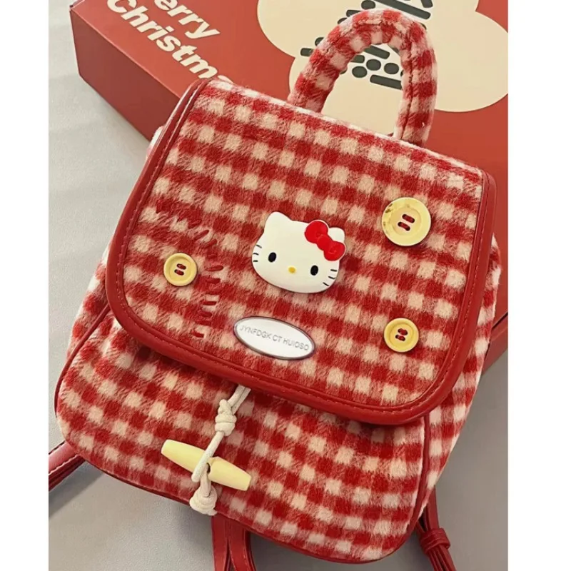 Sanrio Hello Kitty Small Backpack Woman Rucksack Cartoon Casual Shoulder Bag Girl Anime Bookbags Mini Corduroy Multiple Pocket