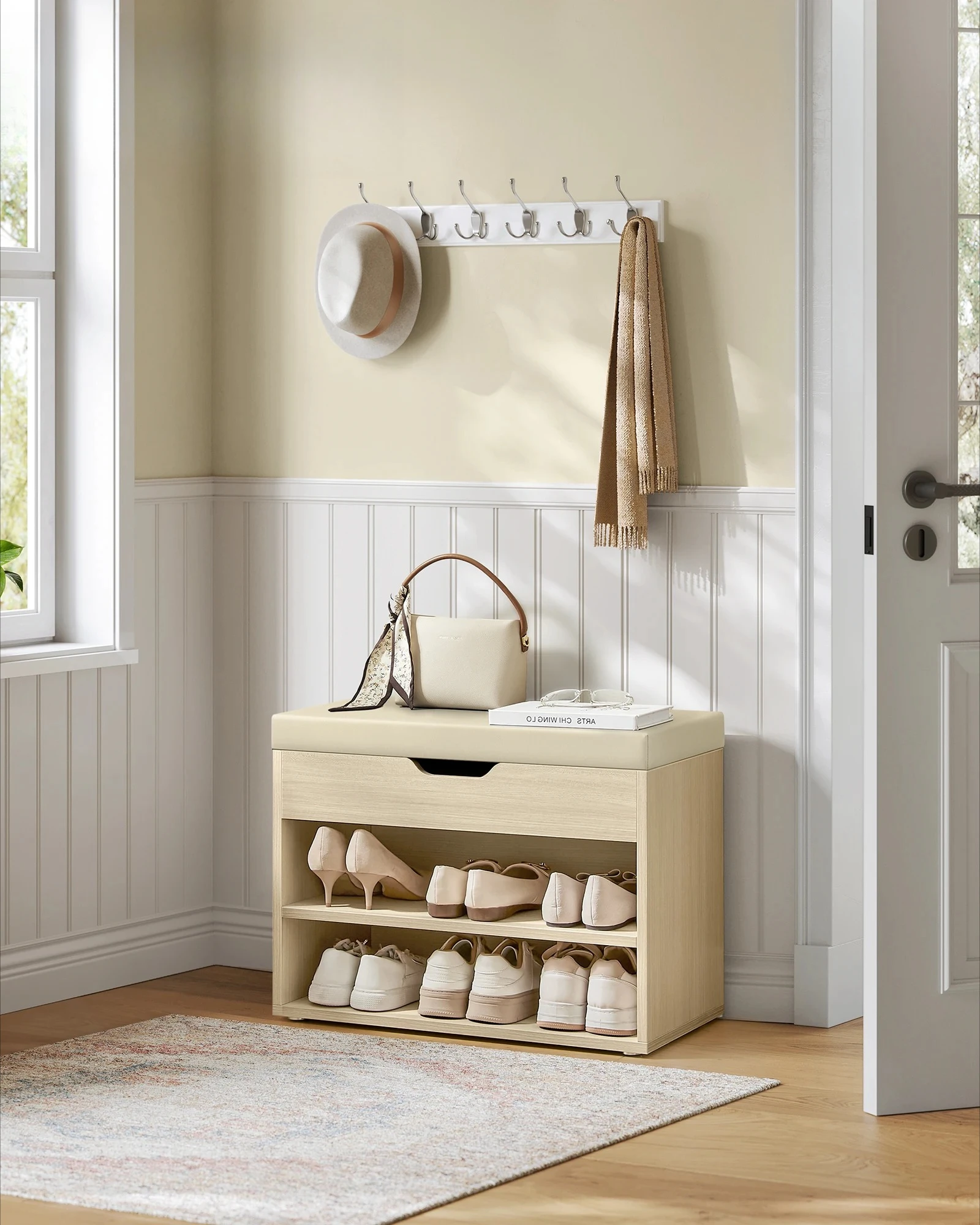 Solid wood core shoe changing stool at the entrance can be seated and stored in the entrance of the shoe cabinet