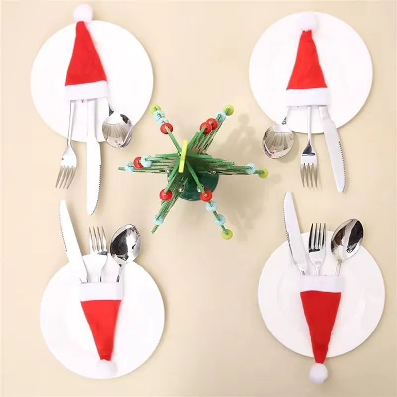Mini Weihnachts mütze Weinflasche Getränk Flaschen verschluss Dekoration Messer Gabel Weihnachts mann Hut Set Weihnachts feier Szene Dekoration