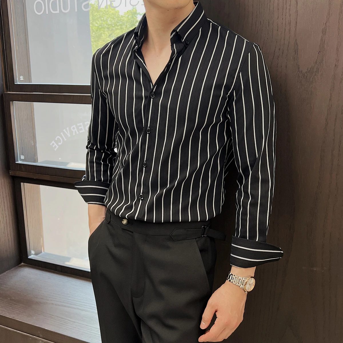 High-quality men's striped business casual shirt, 2024 autumn new daily commuting, breathable, sweat-wicking slim fit shirt.