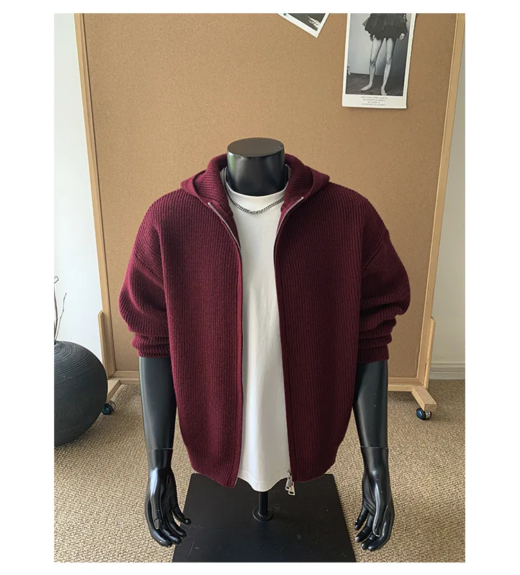 2026 New Autumn Winter Simple Solid Color Knitted Hoodie Men Japan Korean Fashion Casual Loose Double Zipper Hooded Jacket