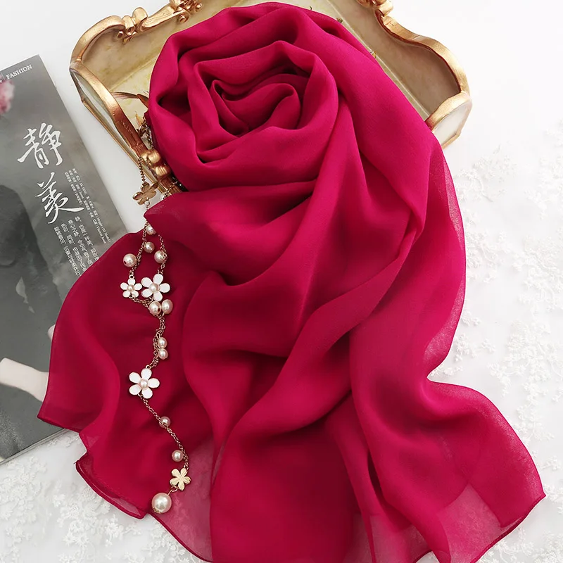 

High Quality Rose Red 100% Silk Qiaoqi Long Scarf Shawl Women's Spring, Autumn and Winter Summer