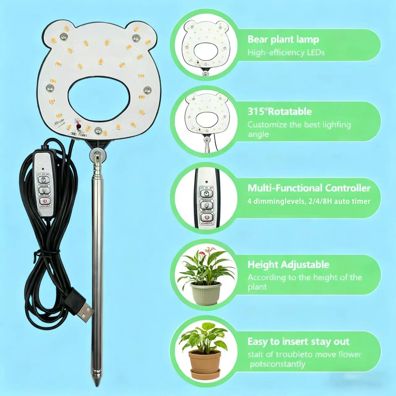 LED Full Spectrum Plant Light For Indoor Plants, Height Adjustable Grow Light With4 Dimmable Brightness, 2/4/8H On/Off Timer