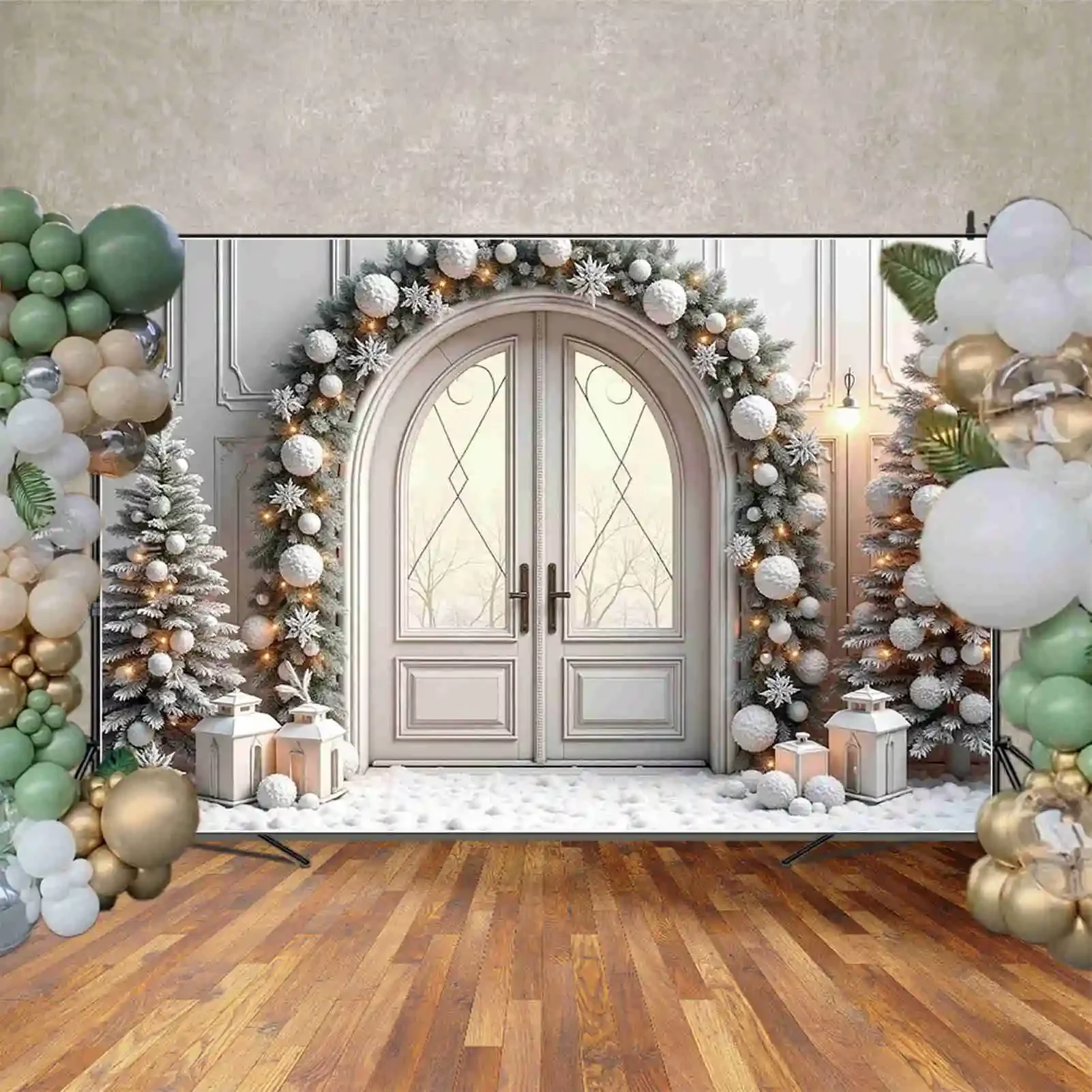 MOON.QG Snow Winter Christmas Tree Old Brick Fireplace Background 2025 Pine Balls Wreath Gifts Photography Photo Studio Backdrop