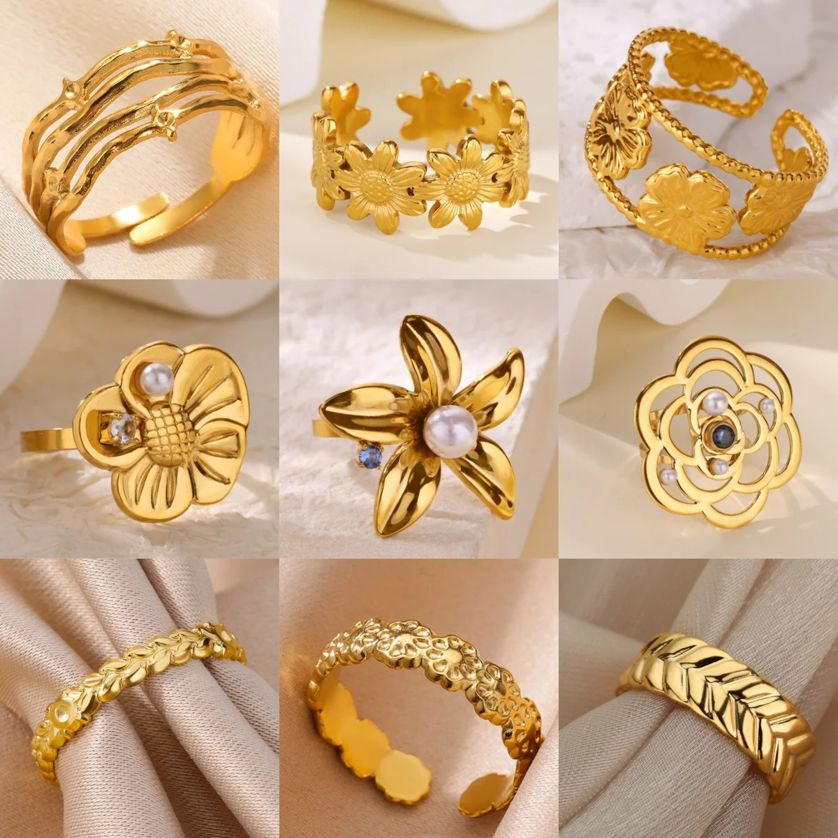 

10pcs Elegant Flowers Imitation Pearl Zirconia Women's Rings Stainless Steel Vine Daily Wear Jewelry Ring Wholesale bijoux