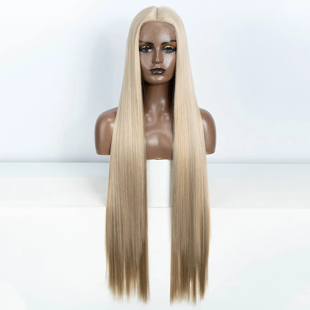 Synthetic Cosplay Lace Wigs For Women Long Straight  Lace WIg 38 Inch Ombre Blonde Lace Wig Blonde Wig Synthetic Lace Wig