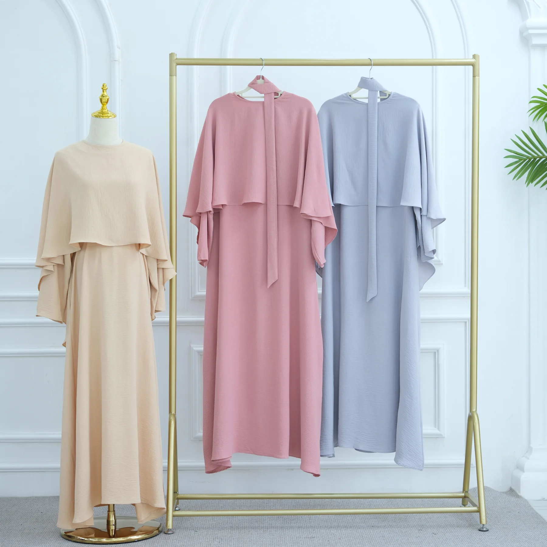 

New Fashion Muslim Long Dress Women Islam Abaya Modest Dresses Plain Dubai Abaya Cape Cloak Jalabiya Kaftan Djellaba 2 Piece Set