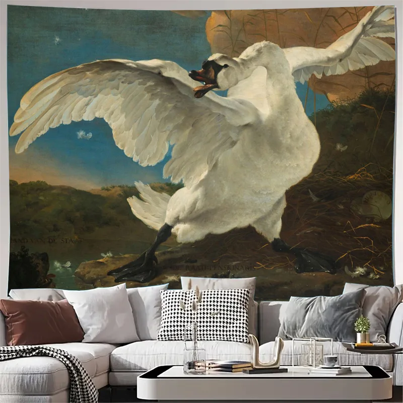 Large Swan Flying Wall Tapestry Art Print Canvas Fabric Wall Hanging Vintage Painting Decorative Nautical Home Decor Masterpiece