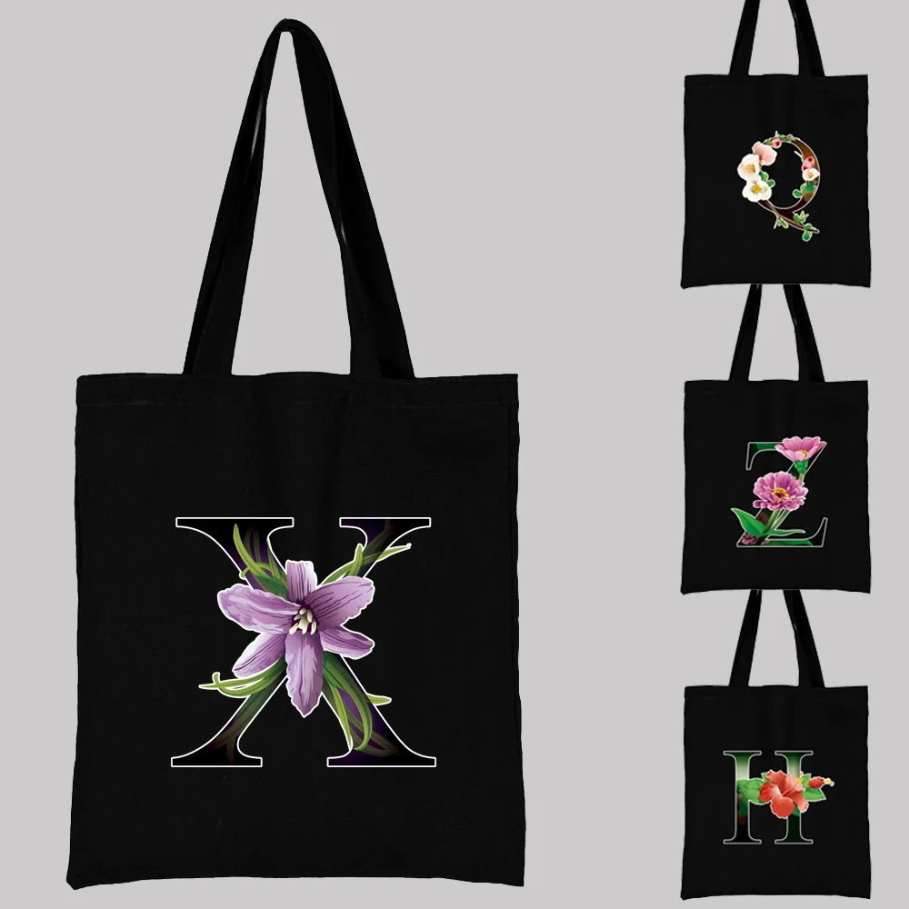 Foldable Shopping Bag Reusable Eco Bags for Grocery Flower Letter Name Women' Shopper Bag Large Handbags Student Canvas Tote Bag