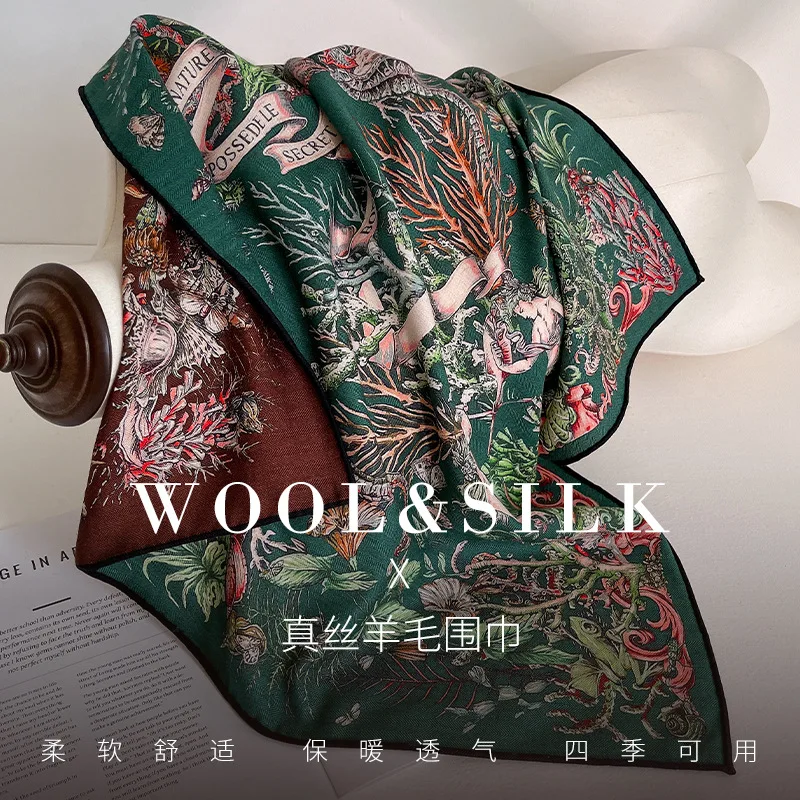 Women Retro Jungle Plant Square Scarf 65X65 CM 30% MULBERRY SILK 70% WOOL Double Sided Floral Animal Print Warm Neck Scarf Shawl