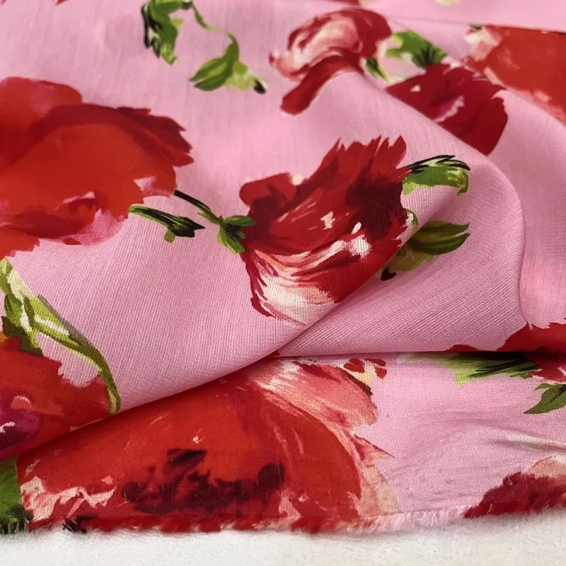 Europe And America Fashion Pink Back Red Flower Printed Polyester Fabric For Women Dress Blouse Handmade DIY Cloth Sewing