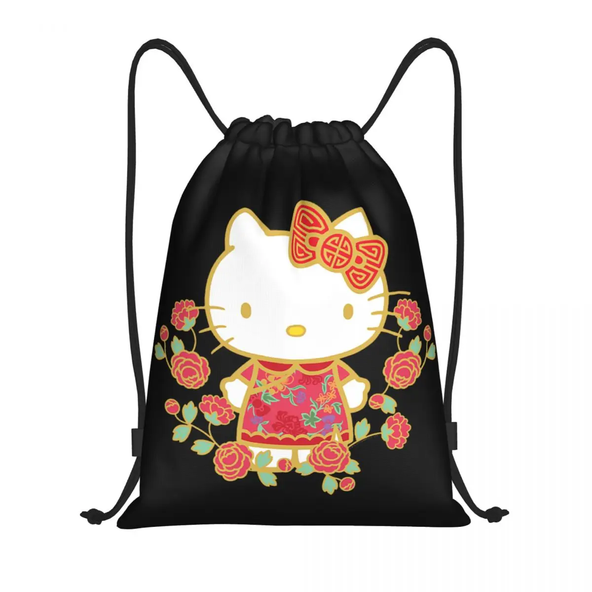 Custom Hello Kitty Happy New Year Drawstring Bag Women Men Foldable Gym Sports Sackpack Shopping Backpacks