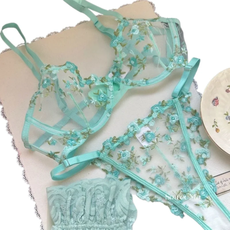 KUCLUT  French Embroidered Lace Set Sensual Mesh Bra Set & Brief Soft Underwire Unpadded Bralette Deep V Plunge Elegant Lingerie