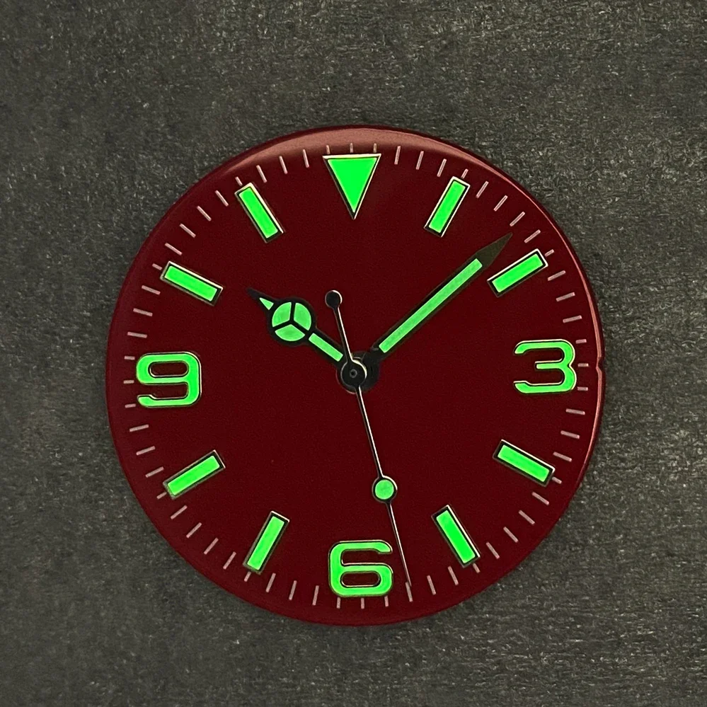 28.5mm Watch Dial + Hands Green Luminous Sun Pattern Modified 369 Nail Dial Watch Faces Accessory Fit NH35/ NH36/ 4R36 Movement