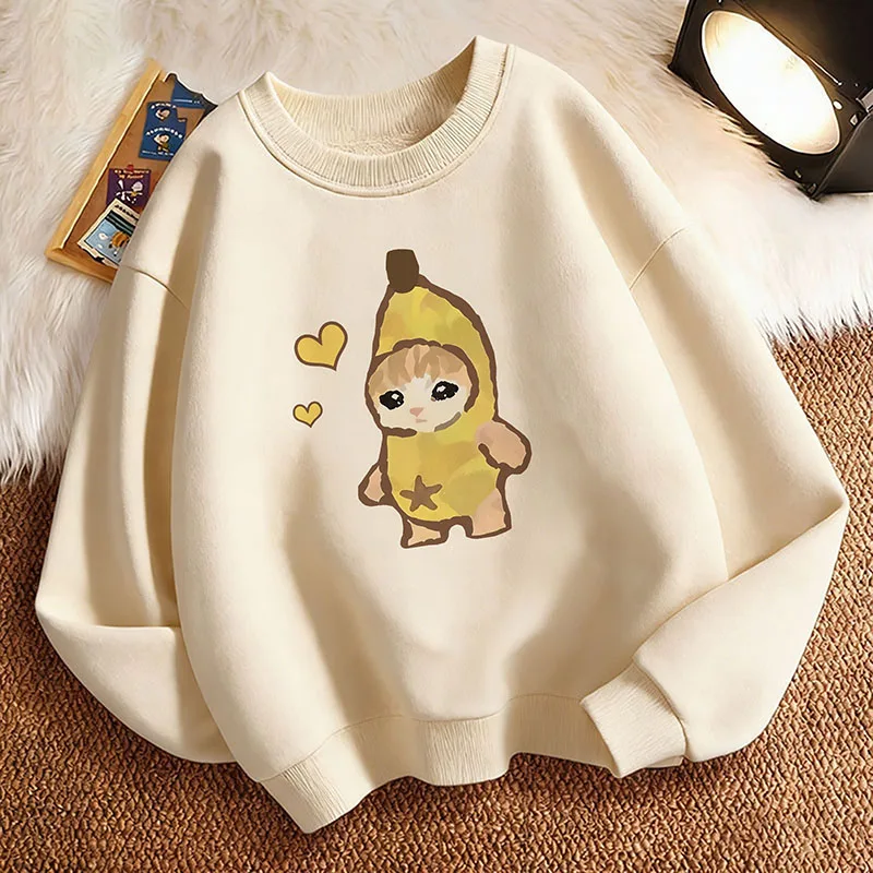 Kawaii Cat Children's Sweatshirt Pullover Spring Banana Cat Crew Neck Graphic Print Hoodie Boy/Girl Kids Hoody