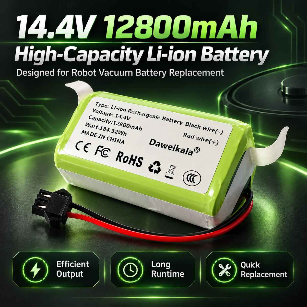 Batteria agli ioni di litio Daweikala 14,4 V, 12800 mAh/9800 mAh, per robot aspirapolvere – certificata CE/FC/RoHS, lunga durata, facile da installare, spedizione rapida in 7 giorni dal magazzino