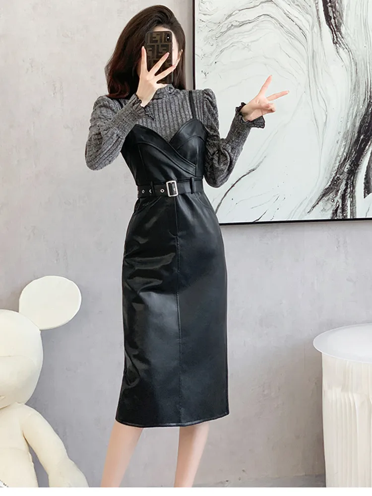 

Streetwear PU Dress 2 Piece Set Women's Outfits Casyal Turtleneck Flare Sleeve Shirt With Strapless Leather Dress Sets Female