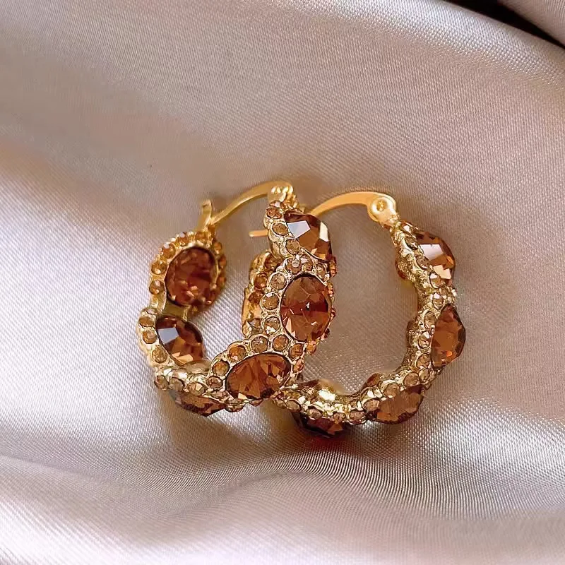 Premium Vintage Maillard Round Hoop Earrings Sparkly Crystal Niche Design Versatile Everyday Edgy for Women